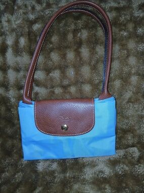Light Blue Shoulder Bag with Brown Trim - Classic Everyday Tote